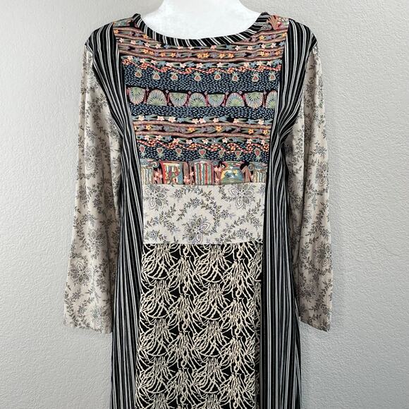 Black Stripe Floral Mixed Print 3/4 Sleeve Eclectic Boho Maxi Shift Dress Medium - Picture 3 of 14